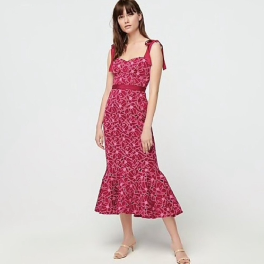 J. Crew Pink Floral Tie-Shoulder Midi Dress